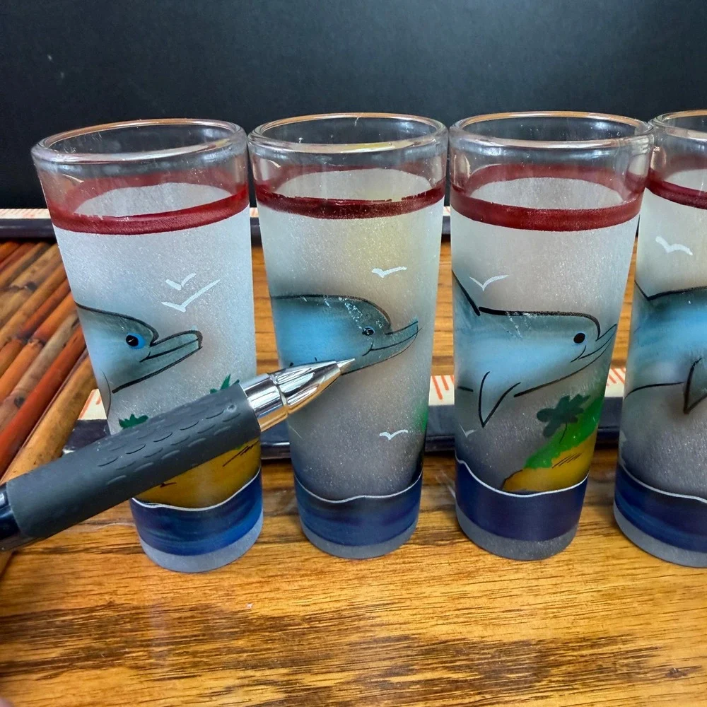 Dolphin Hand painted Decanter Set Rack w 6 shot glasses Island Tequila Tiki Set
